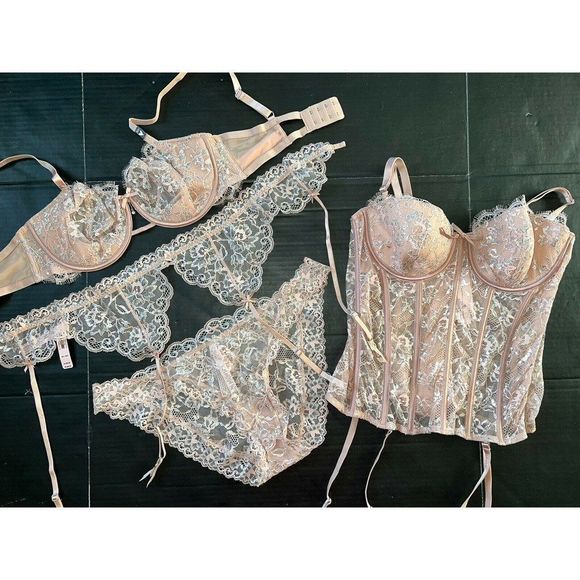 Victoria's Secret 36B,36D,36DD BRA SET+garter CORSET BEIGE SILVER evening blush - Picture 1 of 11